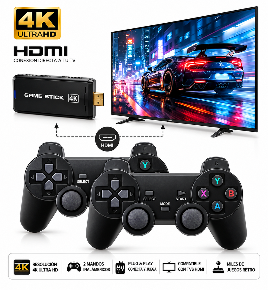 Game Stick 4K con 2 Mandos Inalámbricos